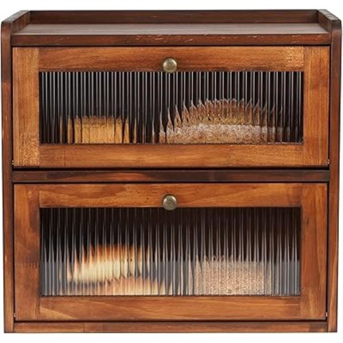 Sunhoo Bread Box for Kitchen Countertop Wooden Bread Storage Container Bin 2 Layer Breadbox Holder Large Capacity Keeper Vintage Farmhouse Food Organizer Pantry Shelf Acrylic Window (Brown)