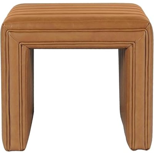 HomePop Modern Channel Tufted Faux Leather Ottoman Home Décor|Ottoman for Living Room & Bedroom - Carmel Brown