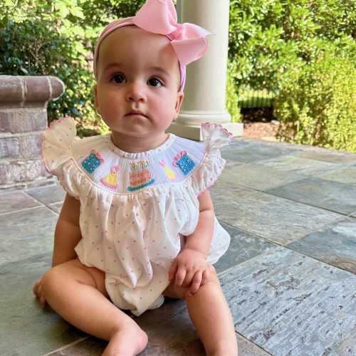 Smocked Birthday Bubble Romper in Polka Dots & Flutter Sleeves - Birthday Party Outfit, Baby girl, Heirloom, Machine Washable 641