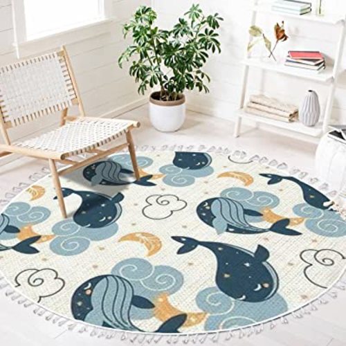 Ocean Beach Area Rugs Cute Whales Sleeping Clouds Fantasy Marine Animal Round Boho Area Rug Carpet Playmat Washable Hallway Runner Mat for Nursery Kid Room Bedroom Decoration Children Gift 4ft