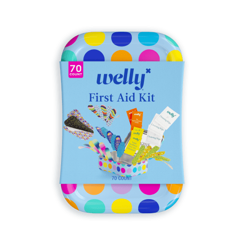 Welly Kids First Aid Kit with Bandages and Ointments, Polka Dot, Assorted Colors and Sizes, 70 Count