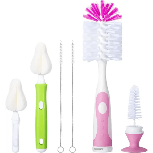 CAREBABYMORE Baby Bottle Brush with One Base Hidden Nylon Nipple Cleaner, 2 Pcs Sponge Nipple Brushes, 2 Pcs Straw Brushes, Bottle Brush with Nipple Cleaner and Suction Cup (Pink)