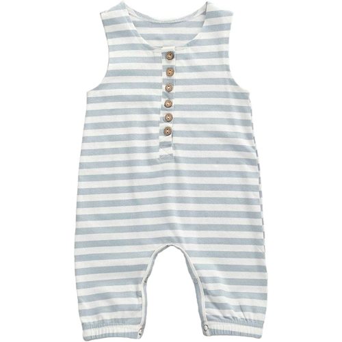 Seyurigaoka Unisex Baby Striped Rompers, Infant Baby Boy Girl Sleeveless Button One-Piece Solid Color Jumpsuit Summer Outfits - Striped Tank Romper - 12-18 Months