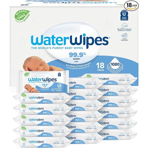 WaterWipes Plastic-Free Original Baby Wipes, 99.9% Water Based Wipes, Unscented & Hypoallergenic for Sensitive Skin, 1080 Count (18 packs)