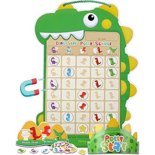 Potty Training Chart for Toddlers Boys & Girls - A Dinosaur Potty Chart with 35 Reusable Magnetic Dinosaur & Star Stickers for Kids Potty Training Reward, 3 Instruction Steps & Crown (Dinosaurs Theme)