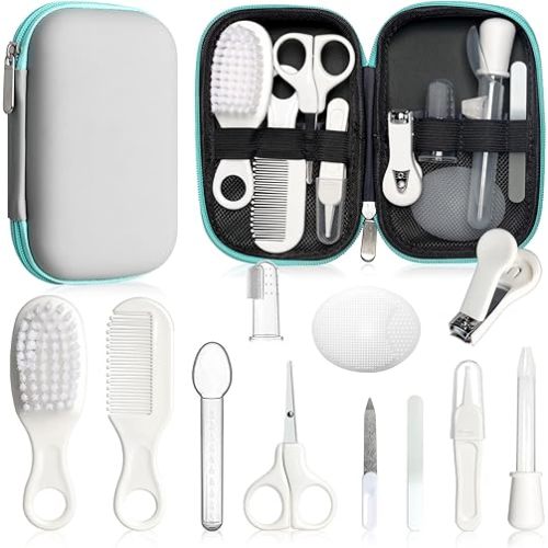 Baby Grooming Kit - Nursery Essentials Baby Registry Shower Gift for Newborns, Infants, Toddlers, Boys, Girls Kids-Safety Baby Comb, Brush, Finger Toothbrush, Nail Clippers, Scissors (Grey White 12 in 1)