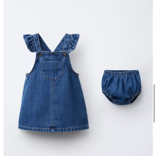 RUFFLE DENIM PINAFORE DRESS AND SHORTS - Mid-blue | ZARA United States