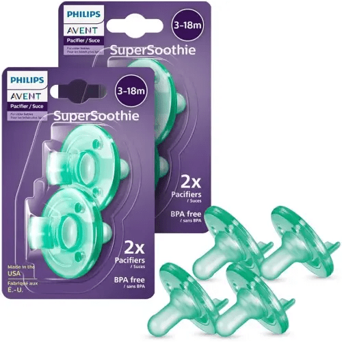 Philips Avent Soothie 3-18 Month Orthodontic Baby Pacifiers, 100% Silicone Pacifiers, One Piece, BPA-Free, Green, 4 Pack, Model SCF192/45