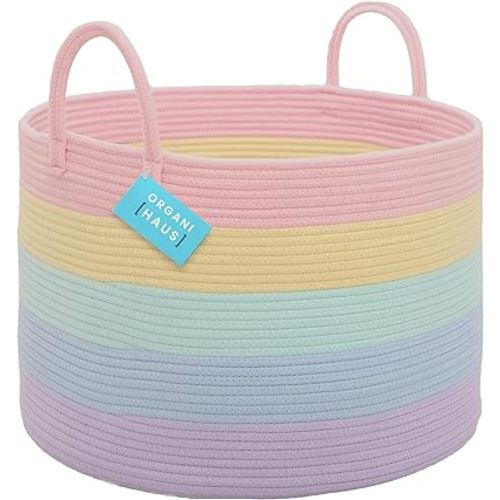 OrganiHaus Cute Basket for Pastel Rainbow Classroom Decor 20x13, Toy Basket Storage for Kids Room, Toy Bins for Kids Organizer, Large Blanket Basket Living Room, Rainbow Storage Bins, Nursery Hamper
