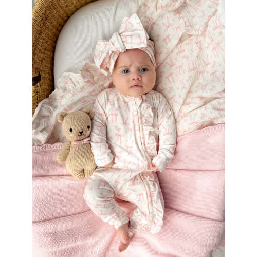 Frill Zip Romper | Pink Bow Floral – Little and Fern
