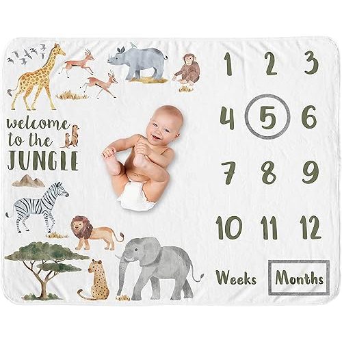 Sweet Jojo Designs Jungle Animals Milestone Blanket Monthly Newborn First Year Growth Mat Baby Shower Memory Hunter Green Yellow Grey Black White Wildlife Safari Elephant Giraffe Lion Monkey Leopard