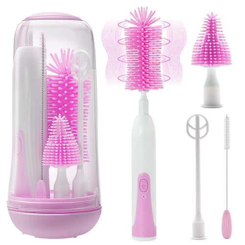 Electric Bottle Brush Cleaner, Portable Electric Baby Bottle Brush for Travel, Waterproof Electric Bottle Cleaner Set with Nipple & Straw Brush, Baby Bottle Brush Electric with Milk Frother, Pink