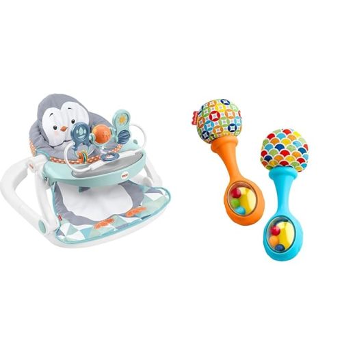 Fisher-Price Baby Portable Baby Chair Sit-Me-Up Floor Seat with Snack Tray & Newborn Toys Rattle 'n Rock Maracas, Set of 2 Soft Musical Instruments for Babies 3+ Months, Blue Orange - Penguin Island + Toys Blue Orange