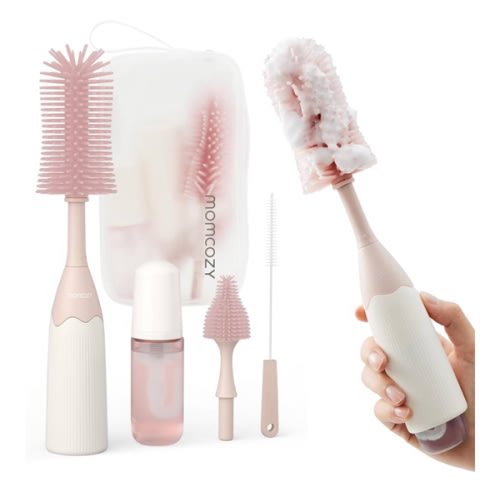 Momcozy Bottle Brush Kit, Innovative Push-Press Design for Better Cleaning - Baby Bottle Cleaner Brush for Baby Bottle, Breast Pumps, Nipples, and More - Can Generate Foam for Better Cleaning, Pink