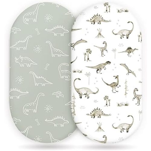 Stretch Ultra Soft Fitted Bassinet Sheet Set 2 Pack, Universal Fit for Bassinets Baby Cradle Moses Basket Oval Rectangle Mattress Safe and Snug, Dinosaur