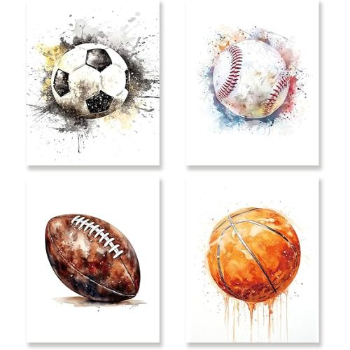 KSDUT Boys Room Kids Wall Decor Art Set of 4 - Basketball Soccer Football Baseball Artwork Poster Prints Sports Wall Decor for Nursery Playroom Home Game Room Decorations - 8"x10" Unframed
