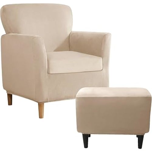 UNBBRRL Armchair and Ottoman Covers Set, Matching Accent Chair and Ottoman Slipcovers Rectangle Stretch Velvet Non-Slip for Living Room (Khaki, Armchair with Seat+Ottoman Rectangle)