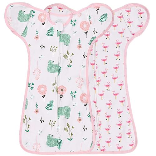 2 Pack Transition Swaddle with 2 Way Zipper, 2 in 1 Arms in/Out Transitional Arms Up Swaddle, 100% Cotton Newborn Swaddles Zipper Swaddles Baby Swaddling Sack Sleeping Sack 0-3 Months, Flamingo & Bear