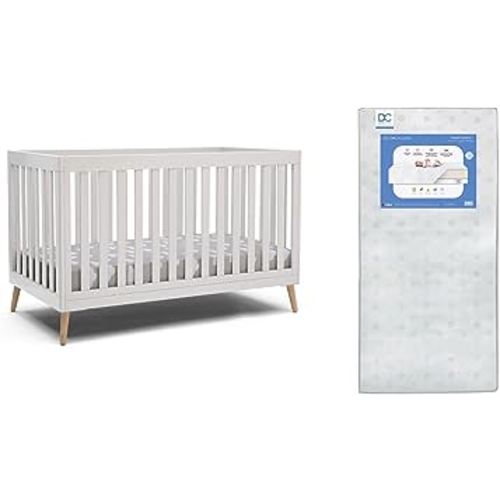Delta Children Essex 4-in-1 Convertible Baby Crib, Bianca White with Natural Legs + Delta Children Twinkle Galaxy Dual Sided Recycled Fiber Core Crib and Toddler Mattress (Bundle)
