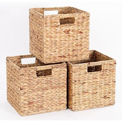11x11x11in Water Hyacinth Storage Baskets, Woven Baskets for Storage, Wicker Storage Basket for Shelves Set of 3, 11 inch Cube Storage Bins