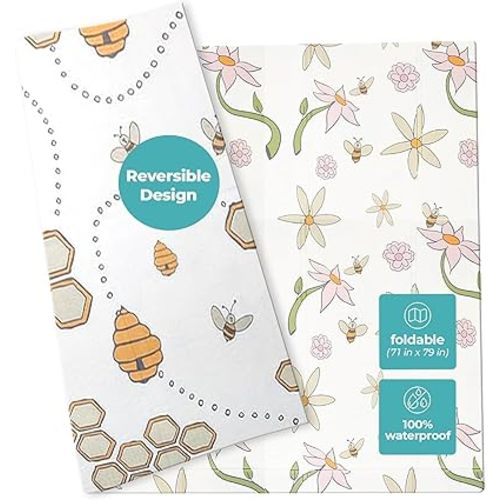 Extra-Large Baby Play Mat, Waterproof Foam, Non-Toxic & Foldable, for Tummy Time, Crawling & Toddler Play, Indoor & Outdoor Use, 79"x71", Flowers and Bees Design