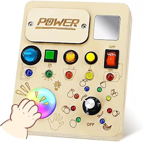 Busy Board Montessori Toys for Toddler, Wooden Sensory Activity Board with LED Light UP Switch, Baby Fidget Board Travel Toys for 18+ Months, 1 2 3 Year Old Boys Girls Toddler Toys Gifts