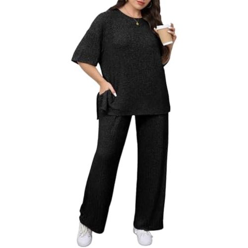 Beautife Womens Plus Size Lounge Sets Short Sleeve Tops and Wide Leg Pants Airport Travel 2 Piece Outfits Tracksuit
