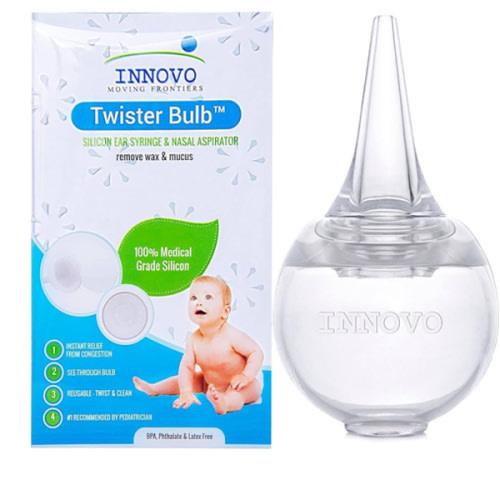 Innovo FSA/HSA Eligible Hospital Grade Silicone Twister Bulb Baby Ear Syringe and Nasal Aspirator, Sucks Snot and Mucus, Cleanable and Reusable, Clear