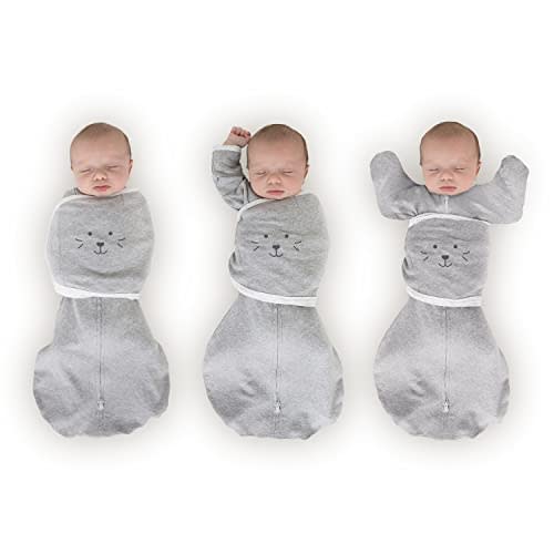 SwaddleDesigns Omni Swaddle Sack Arms Up Half-Length Sleeves & Mitten Cuffs, Easy Swaddle Transition, Gray, Cute Animal Face