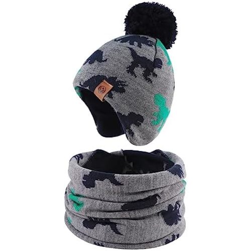 JANGANNSA Knitted Baby Hat Scarf Set Winter Warm Boys Girls Beanie Fleece Lining Toddler Kids Hats with Pompom