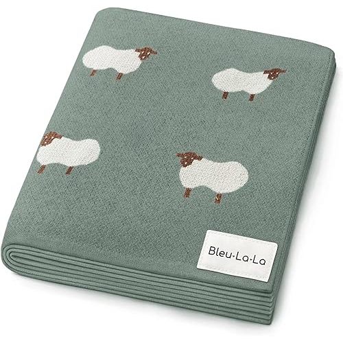 Bleu La La Knit Baby Swaddle Blanket - 100% Cotton Soft Cozy Receiving Swaddle Stroller Blanket for Shower Gift Registry for Newborns, Infants, Toddlers (Sheep - Pasture Green)