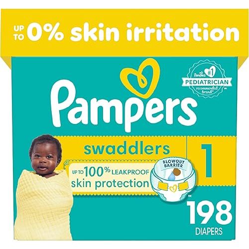 Pampers Swaddlers Diapers - Size 1, One Month Supply (198 Count), Ultra Soft Disposable Baby Diapers
