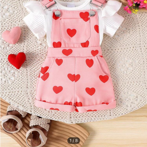 2pcs Baby Girl Cute Short Sleeve Romper Jumpsuit + Bib Pants Set, Lightweight, Summer