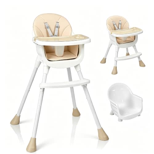 Ktaxon 3-in-1 High Chair for Babies and Toddler with 5-Point Harness, Beige | Portable, Adjustable Height Highchair, Included Removable Dual-Layer Tray, Easy to Clean Seat Cushion and Footrest, for Home