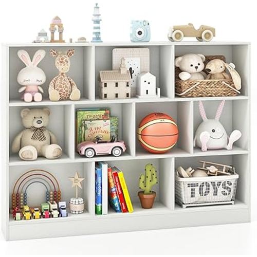 Costzon 10-Section Bookcase for Kids, Wooden Toy Storage Organizer for Books Toys, Montessori Toy Shelf, 3-Tier Storage Cabinet, Bookshelf for Kids Room, Classroom, Daycare, Nursery (White)