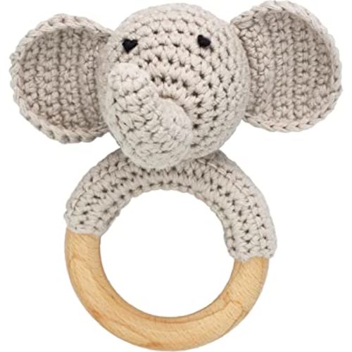 Joliecraft Woodlands Friends Baby Rattle Shaker Toy with Wooden Teething Ring Gray Elephant