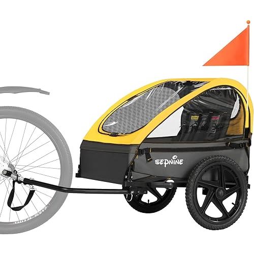 Sepnine Kids Bike Trailer, Suitable for 1 to 2 Kids, 12+ Months, Quick Attach to Bike, Foldable, with 5-Point Harness and Storage Bags