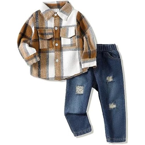 Renotemy Toddler Baby Boy Clothes Outfits Baby Boy Plaid Sweatsuit Jeans Denim Fall Winter Pants Set Toddler Clothes For Boys