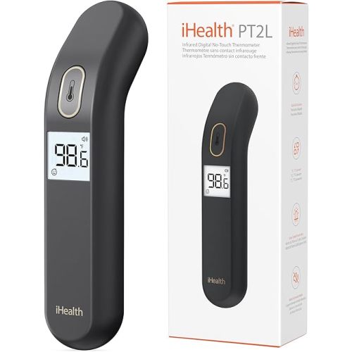 iHealth Touchless Thermometer for Adults and Kids, Color-Coded Alert & Silent Mode, 1-Second Accurate Fever Check, Portable for Home, Travel Use - PT2L Black