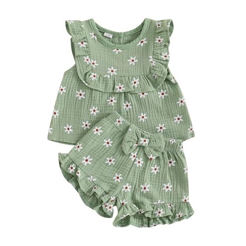 BemeyourBBs Summer Toddler Girl Clothes Baby Girl Ruffle Sleeveless Shirt with Buttons Bow Bloomers Shorts Set Cute Outfits