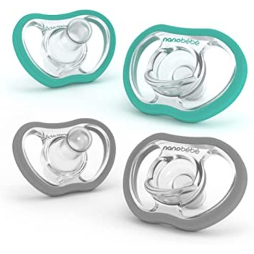 Nanobebe Active Baby Pacifiers 4-36 Months - Orthodontic, Lightweight and Vented, Curves Comfortably with Face Contour, 100% Silicone - BPA Free, Perfect Baby Registry Gift 4pk, Teal/Grey