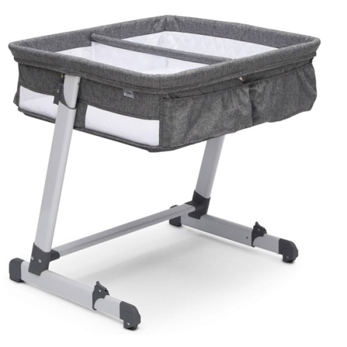 Simmons Kids By The Bed City Sleeper Bassinet for Twins - Adjustable Height Portable Crib with Wheels & Airflow Mesh, Grey Tweed