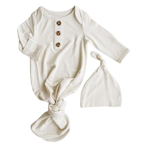 Caden Lane Newborn Knotted Gown with Hat, Soft Bamboo Viscose Baby Sleep Sack, Unisex Infant Nightgown, Breathable Sleepwear