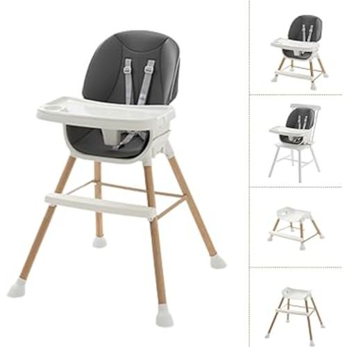 PandaEar Convertible HighChair Junior Seat Stool for Babies Toddlers with Removable Tray & Safety Harness Adjustable Legs, Charcoal Gray