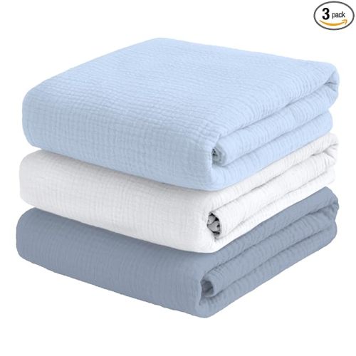 Muslin Swaddle Blankets for Baby Boy - 3 Pack 47x47 Inch Large Receiving Blankets, Soft Breathable Cotton Nursery Swaddles for Newborn, Infant & Todler (Blue, White, Dusty Blue)