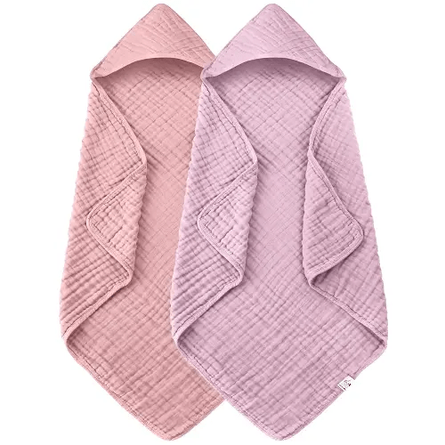 2 Pack Hooded Baby Towels - 100% Muslin Cotton for Newborns, Infants, Toddlers - Large 32x32 Inch Size - Highly Absorbent and Essential for Newborn Care, Light Sakura