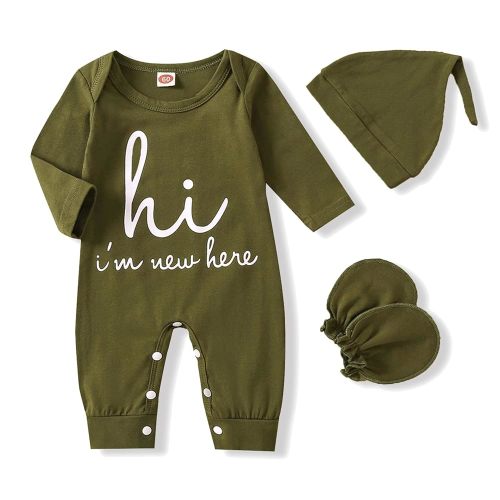 GRNSHTS Newborn Baby Boy Romper Coming Home Outfits Letter Print Bodysuit Jumpsuit+Hat+Gloves 3PCS Clothes Set