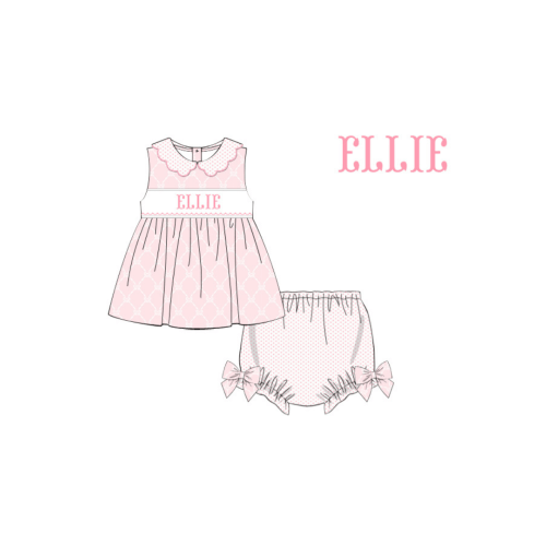 Pre-Order Custom Hand Smocked Custom Name Pink Bow Trellis Bloomer Set