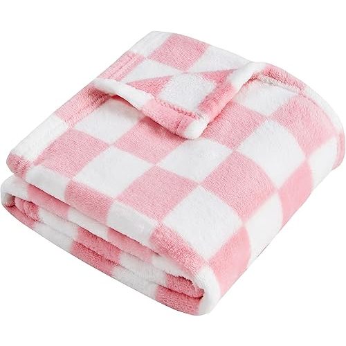 Yurhap Checkered Baby Blanket for Girls Pink Fleece Baby Blankets for Girls Boys, Warmer Comfort Lightweight Bed Blanket for Toddlers Infants or Newborn, 30''x40'', Pink