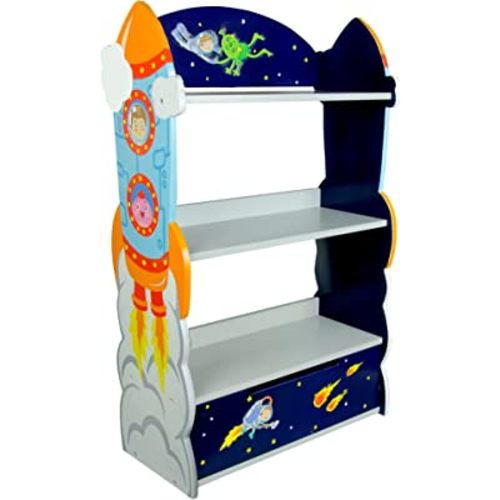 Fantasy Fields - Outer Space Thematic Sturdy Wooden Kids Bookshelf with Hand Crafted Designs, 3-Tier Shelf Bookcase and Toy Storage Drawer, Blue
